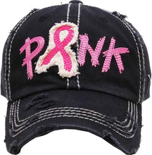Load image into Gallery viewer, Distressed Patch Hat: PINK w/ Ribbon (Black)