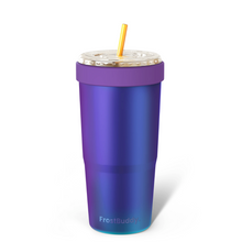 Load image into Gallery viewer, Blue holographic tumbler with a purple lid and straw on a white background