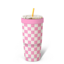 Load image into Gallery viewer, Pink and white checkered tumbler with a pink lid and straw on a white background