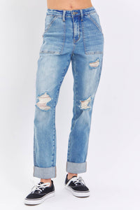 JB High Waisted Distressed Boyfriend With Patch Pocket