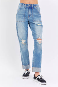 JB High Waisted Distressed Boyfriend With Patch Pocket