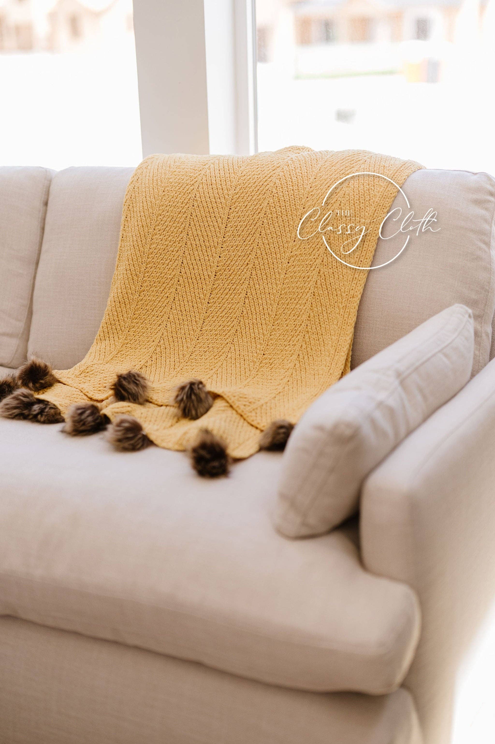 Chenille Pom Blanket - Mustard