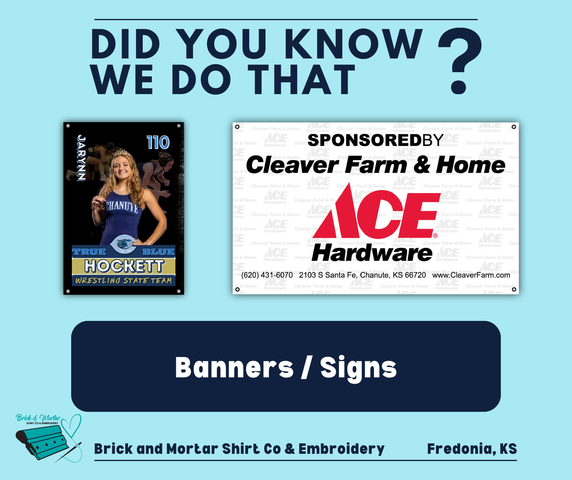 Custom vinyl sign and banner produced by Brick & Mortar Shirt Co