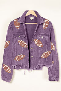 Football Sequin Embroidery Vintage Washed Corduroy Jacket