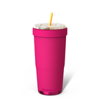 Pink tumbler with a straw on a white background