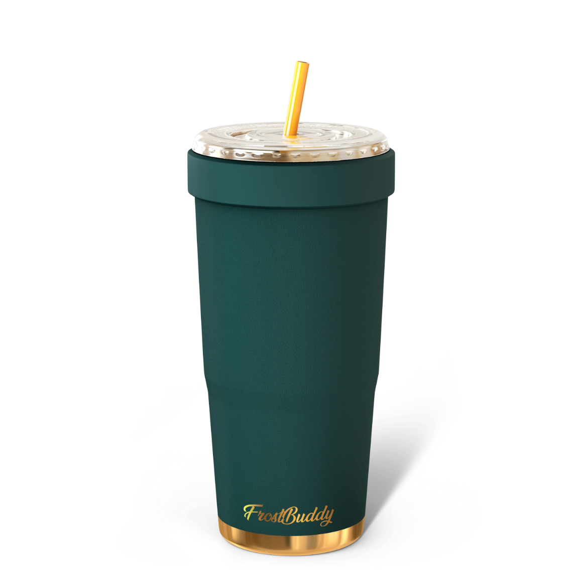 Dark green tumbler with clear lid and gold straw on a white background