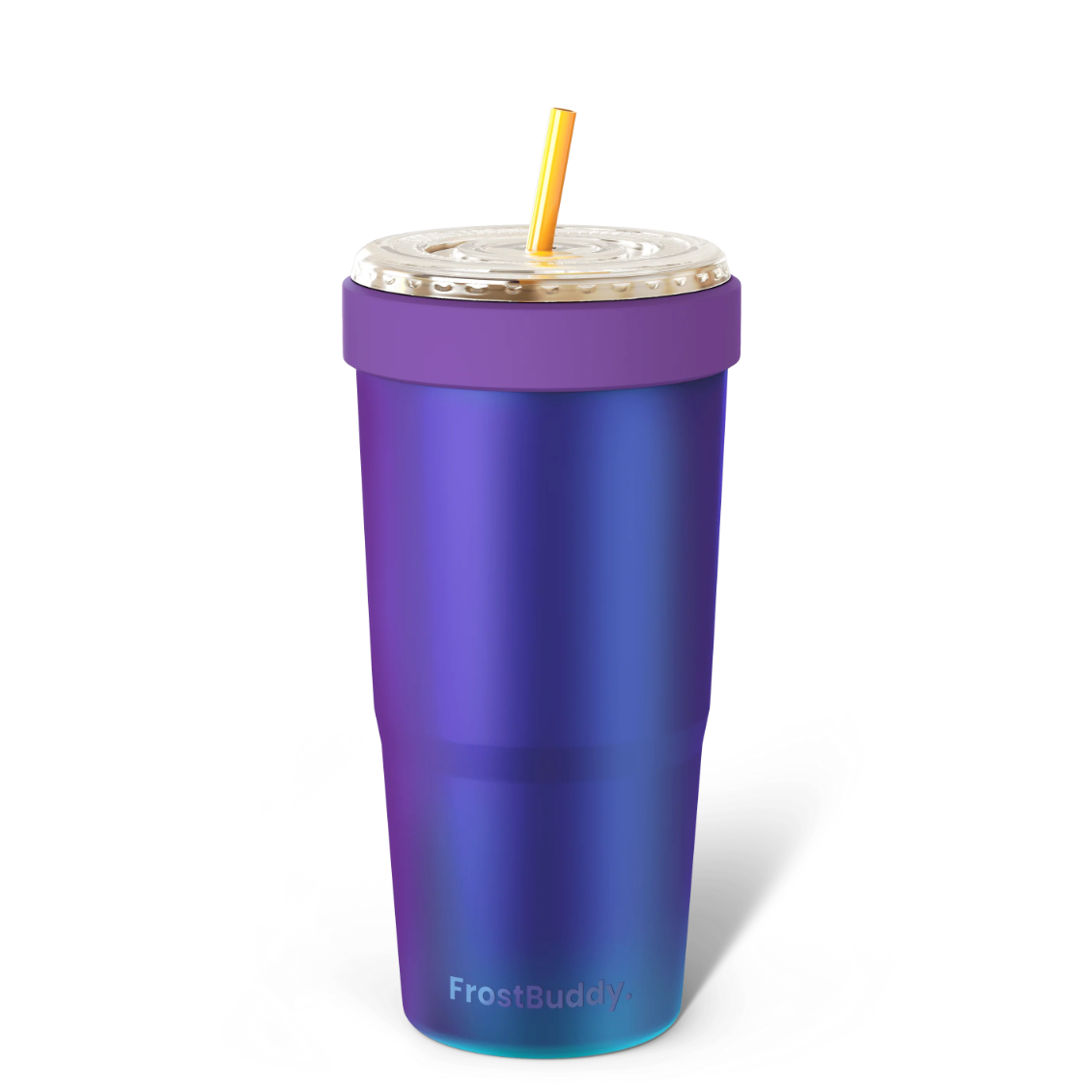 Blue holographic tumbler with a purple lid and straw on a white background