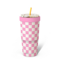 Pink and white checkered tumbler with a pink lid and straw on a white background