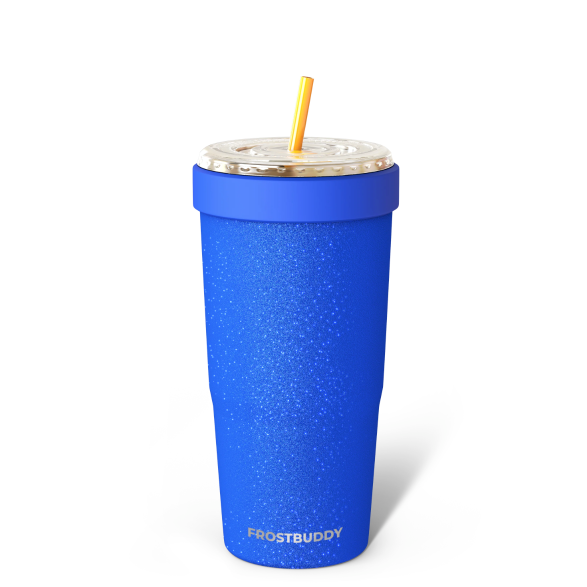 Blue insulated tumbler with straw on a white background