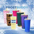 Colorful Frostbuddy tumblers on a snowy background with the Frostbuddy logo.