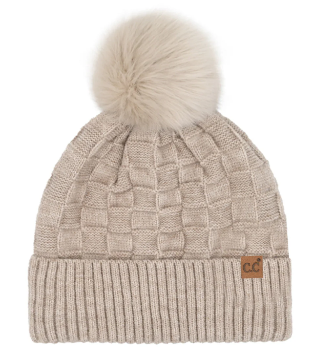 CC-Woven Checkered Texture Pom Beanie