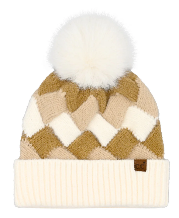 CC-Chunky Weaved Faux Fur Pom Beanie