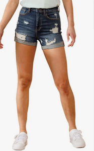 High Rise Shorts With Rolled Cuff Hem And Destruction