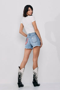 High Rise Shorts With American Flag Pocket