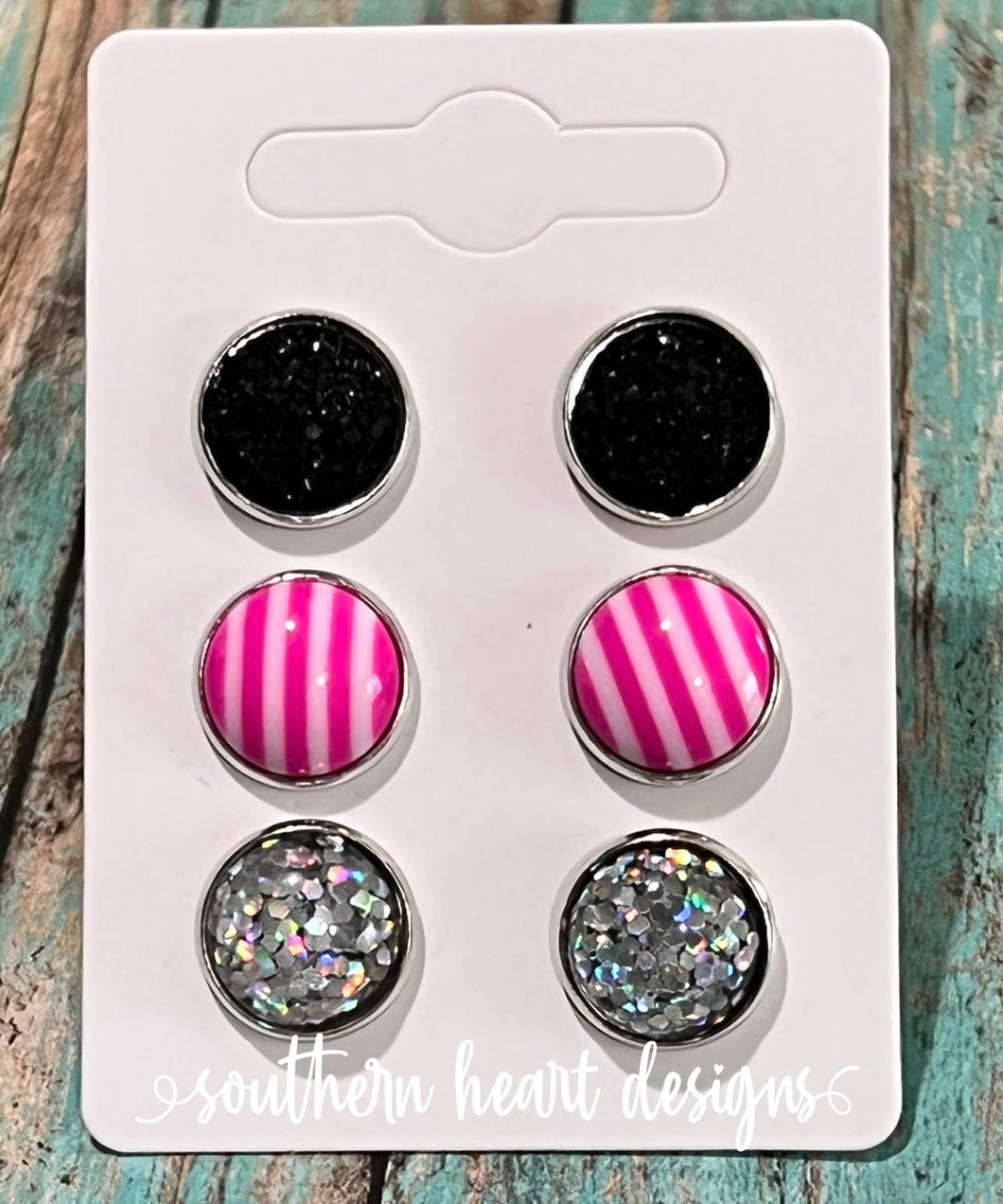 3 pk Earrings - Black, Glitter Sparkle, Pink Stripe