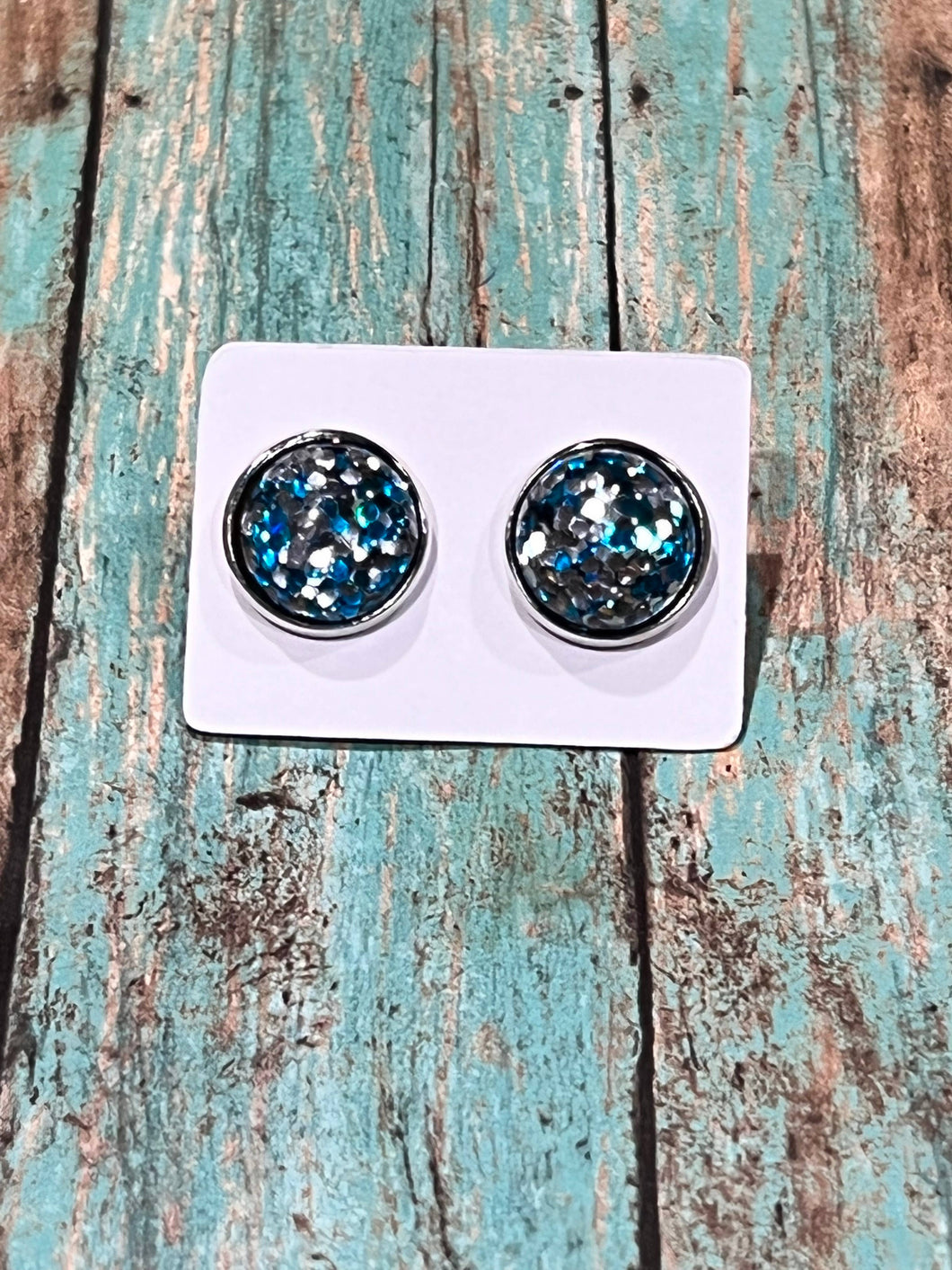 Blue & Silver Glitter Stud Earrings
