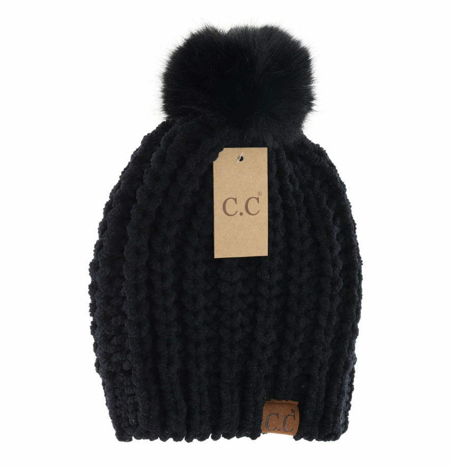 CC Beanie - Chenille Chunky Knit Faux Fur Pom Beanie