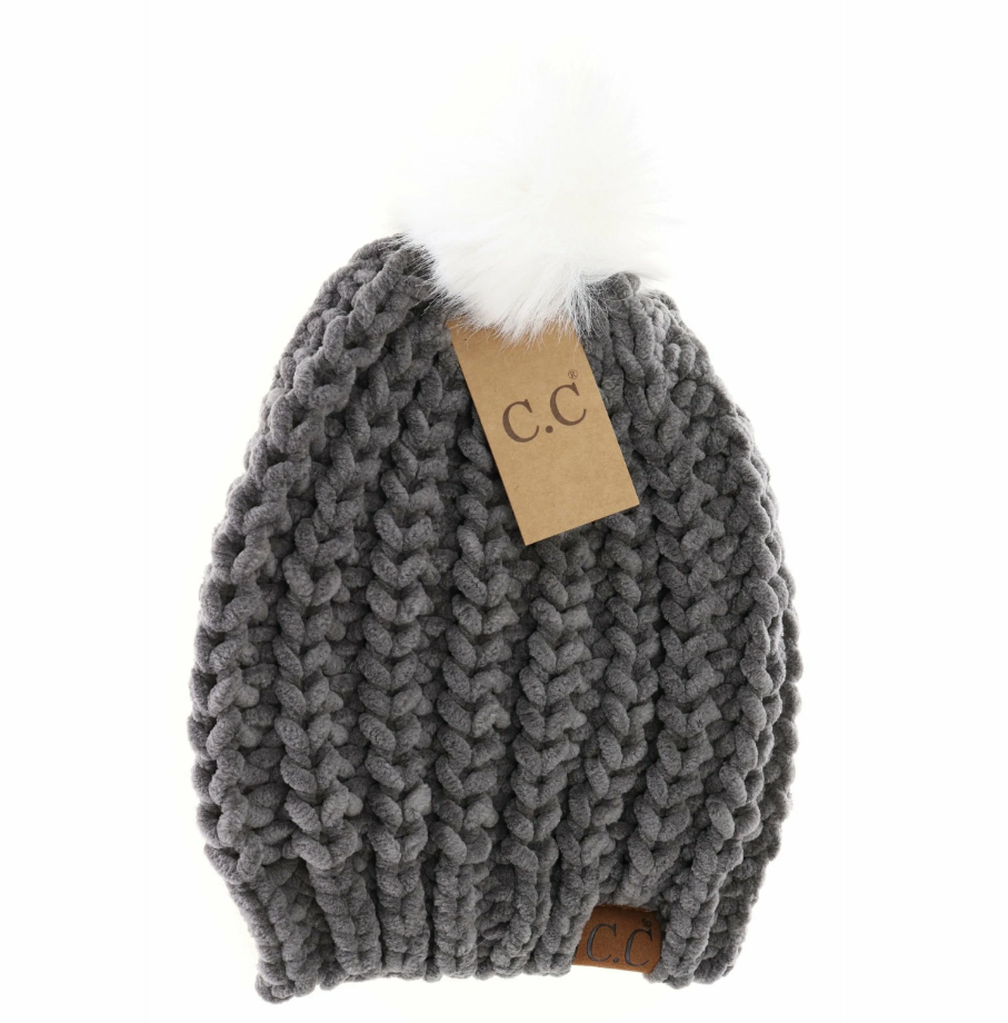 CC Beanie - Chenille Chunky Knit Faux Fur Pom Beanie