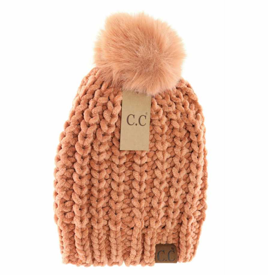 CC Beanie - Chenille Chunky Knit Faux Fur Pom Beanie