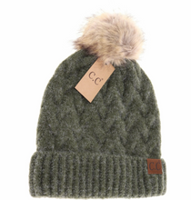 Load image into Gallery viewer, CC Beanie - Chunky Braided Cable Knit Fur Pom Beanie
