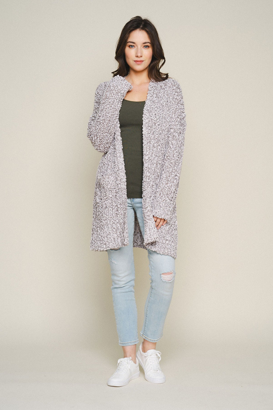 Light Knit Long Popcorn Cardigan with Pockets