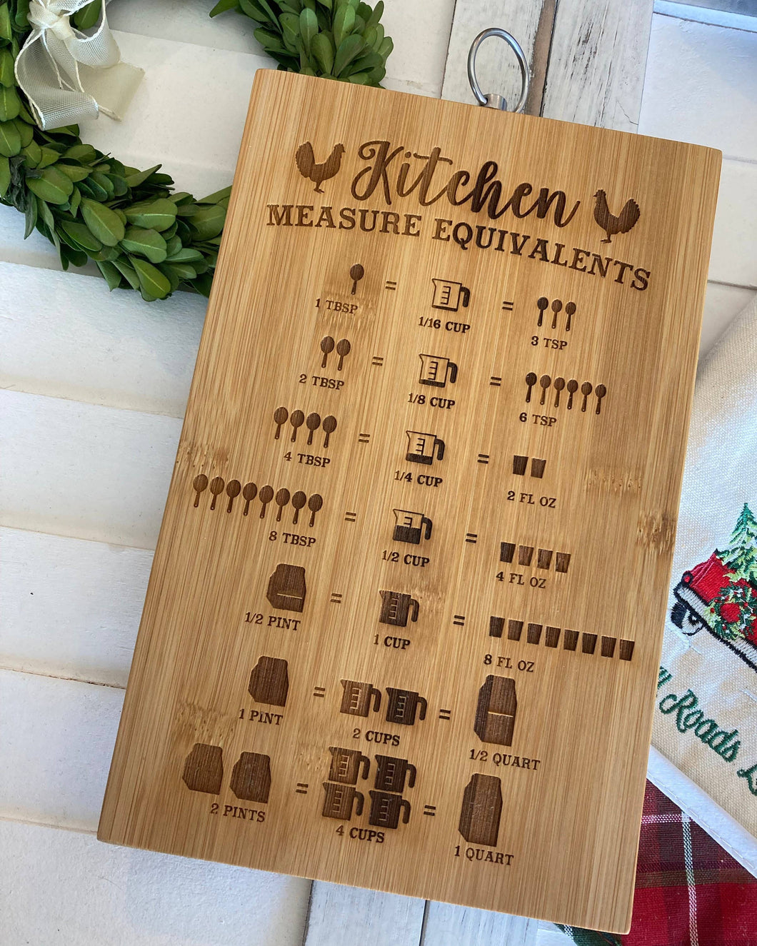Chicken Kitchen Conversion Chart on Bamboo Cutting Board With Hanger
