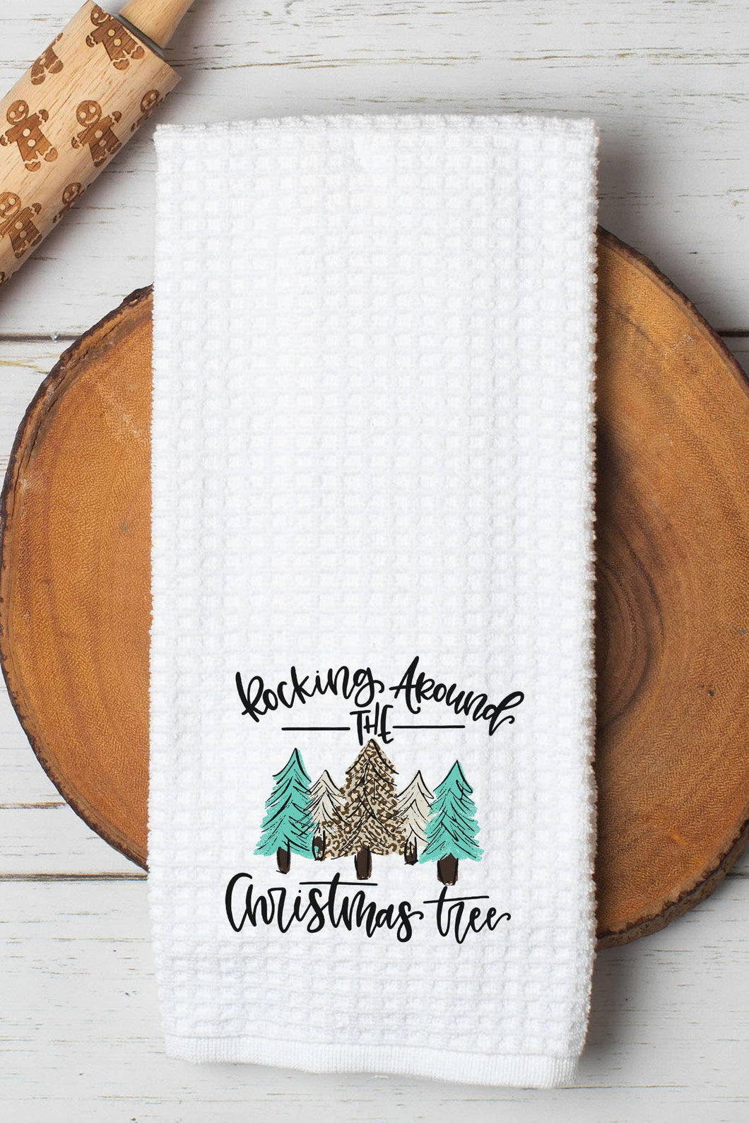 Rockin Around the Christmas Tree Grey Turq Holiday Towel